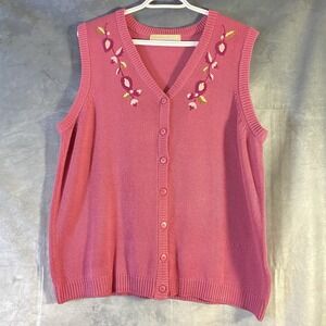 Vintage Floral Embroidered Pink Knit Sweater Vest Women Size XL Button Down